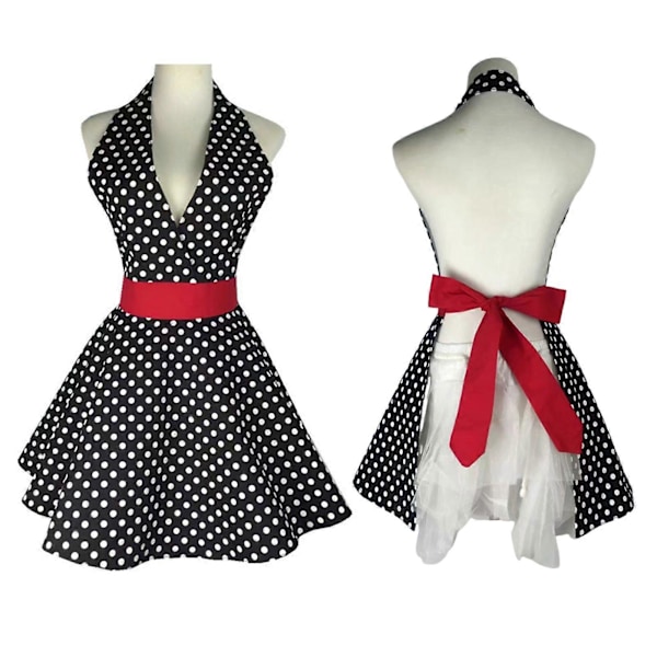 Retro Söpö Esiliina Naisille V-aukkoinen Pilkullinen Seksikäs Säädettävä Puuvillainen Keittiöesiliina Nauhoilla Koti- ja Työkäyttöön (FMY) Black   Red