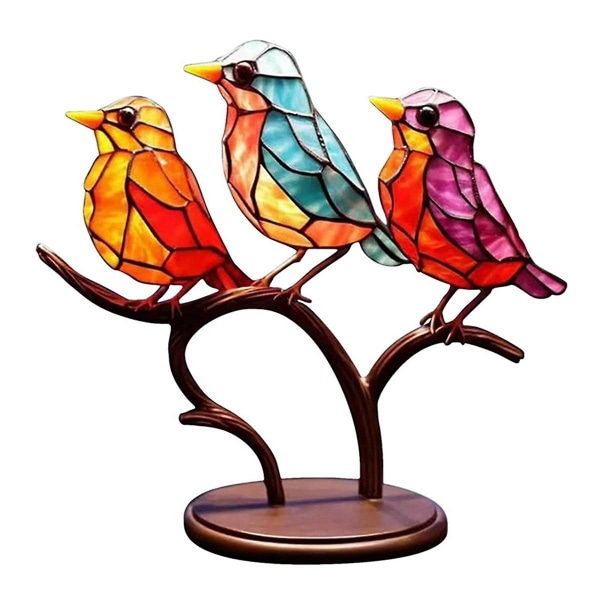 Stained Birds On Branch Desktop Ornament, Multicolor Bird Stained Metal Desk Ornament, Stain Iron O (FMY)