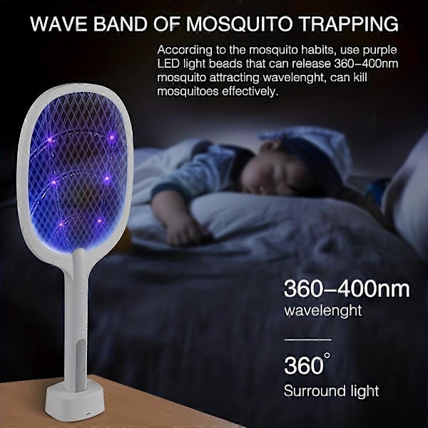 1 stk Elektrisk Fluesmekker Racket, Smart Insektdreper med USB Oppladbar Base, Kraftig Myggfellelampe & Fluefanger med 3-lags Sikkerhet (FMY) ABS*Metal Mesh