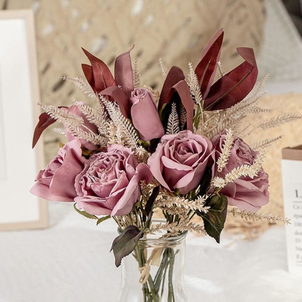 1 bundt kunstig rose forskønnende romantiske gaver Kunstig bryllupsbuket i kunstig silkeblomst til haven (FMY)