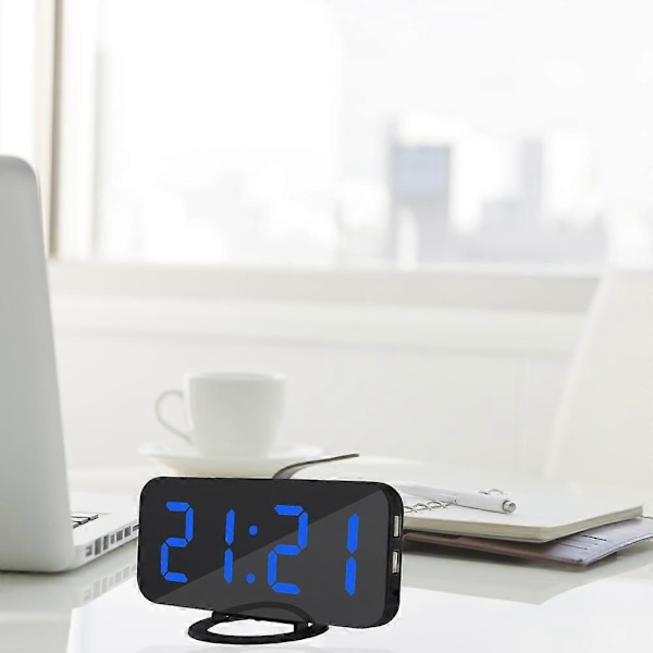 Digital väckarklocka med spegelyta, dubbla USB-portar och LED-display för kontor och hem (FMY) Black and Blue