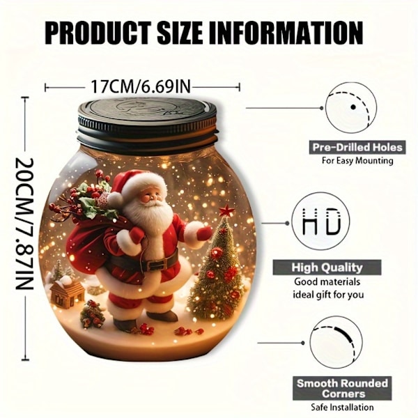 1 stk Gledelig Julenissen Rund Mason Jar Kunst Lysfanger - Multifunksjonell Juledekorasjonsskilt for Soverom, Stue, Vindu, Dør (FMY) 1pc