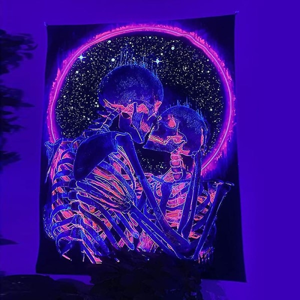 1 stk. Sort lys gobelin, Uv-reaktivt psykedelisk kraniemønster, Kiss Lovers Tapestry, Skeletvægdekor til soveværelse - 150cm X 200cm (FMY)