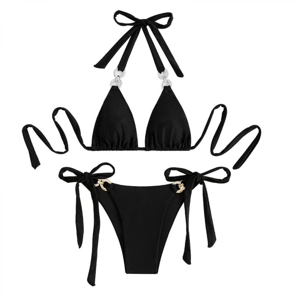 Dames Ribbet O-ring String Padded Low Waisted Bikini Set Badetøj,sort,l (FMY)