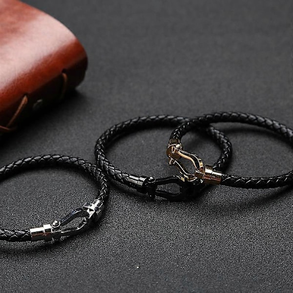 Läderarmband för män, flätat, läderarmband med hästsko-spänne i rostfritt stål, U-format armband för män (FMY) gold 18cm