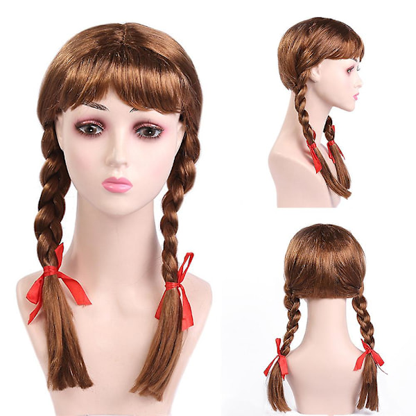 Halloween Annabell Horror Doll Peruk Lång Brun Flätad Peruk Med Röda Rosetter Cosplay (FMY)