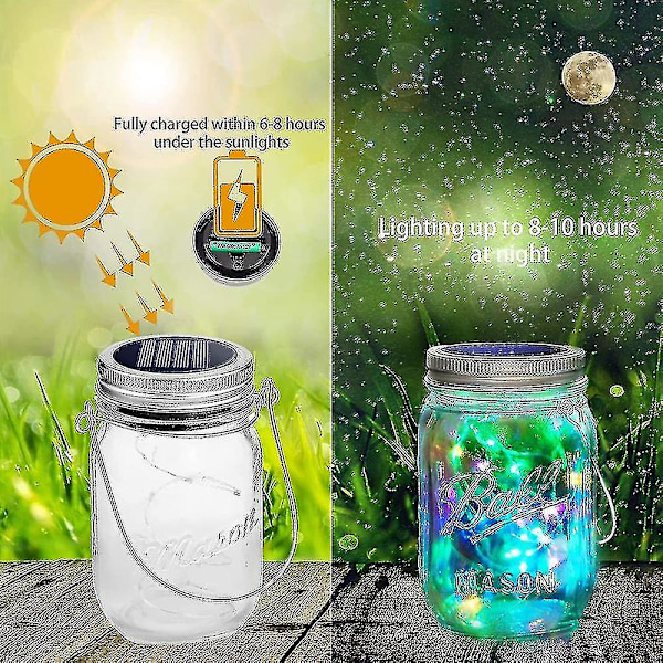 20 LED 10 Pakkaa Mason Jar -kansi Aurinkokennovalot Ripustuskoukulla Mason Jar -satumainen Puutarha Patio [ilman purkkia] (FMY) multicolor