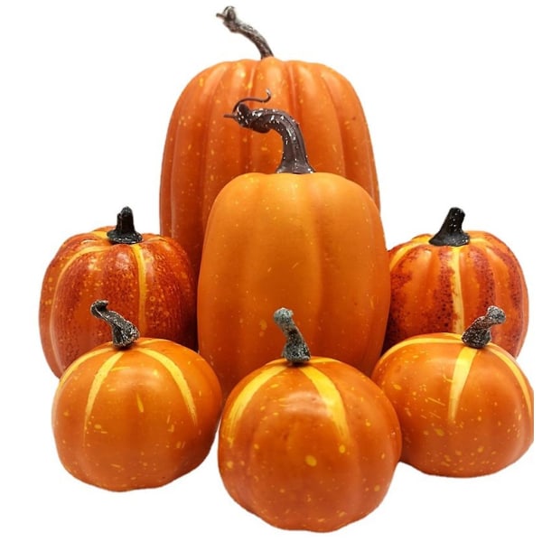 Set med 7 guldskum realistiska pumpa dekorationer för höstens Thanksgiving Halloween höst heminredning med olika storlekar (FMY)