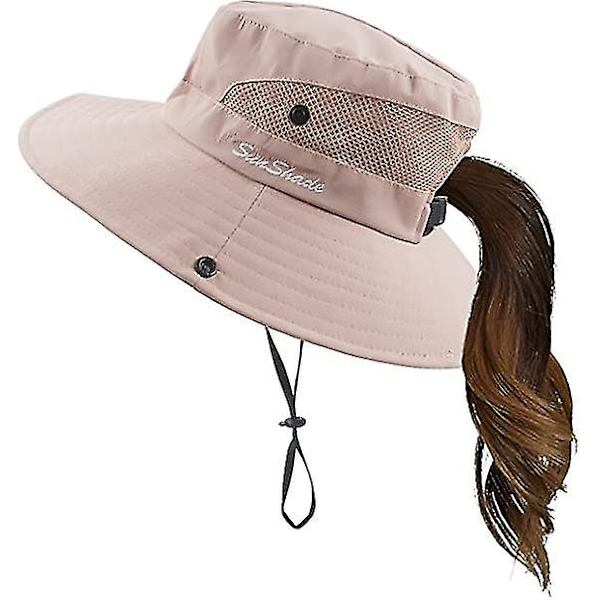 Dam sommar solhatt bred brätte utomhus UV-skydd hatt hopfällbar hästsvans hink keps för strand fiske vandring  (FMY) Pure pink