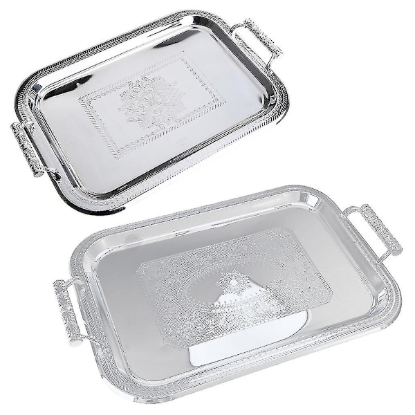 Nordisk Serveringsbrett i Rustfritt Stål med Håndtak Elegant Rektangulært Kaffebar Mat Holder Dessert (FMY) Silver L