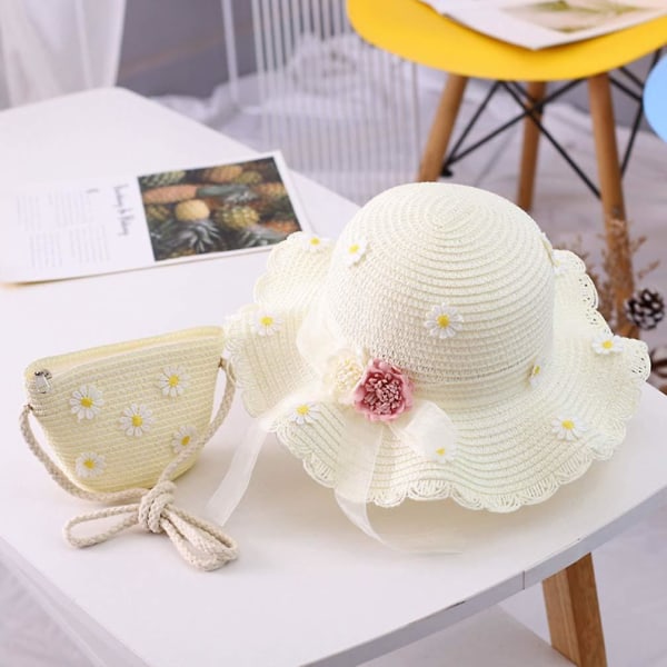 Mdchen Daisy Sonnenhut Strohhut mit Schulter Strohtasche Set Sommer Blume Strandhut Welle Weit Sonnenschutzhut Beanie Mtze fr Kinder Kleinkind Baby