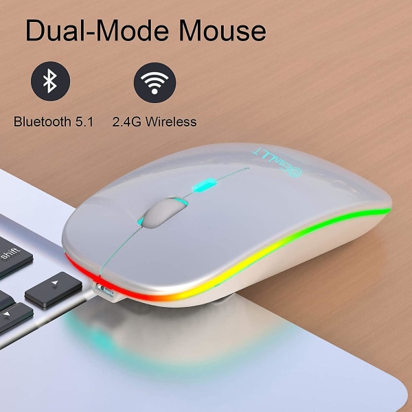 Bluetooth trådlös mus, 2,4 g uppladdningsbar tyst mus, två lägen (bt 5,1+2,4 g usb-nano), Dpi 800/1200/1600 justerbar kompatibel med Windows7/8/10/