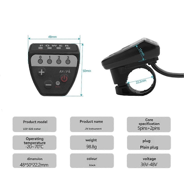 Elektrisk Cykel 36V48V LED G20 Mätarkontrollpanel Display för Ebike 5 Pin Vattentät Kontakt (FMY) Black
