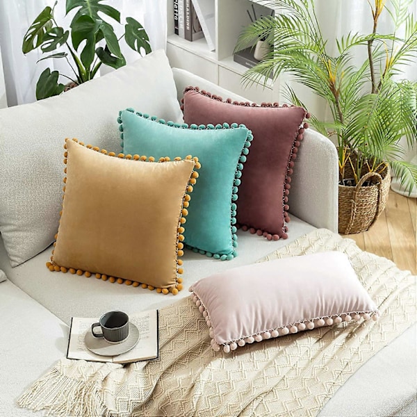 Set med 2 Fyrkantiga Mjuka Sammetskuddfodral med Pompoms Hem Dekorativa Örngott för Vardagsrum Soffa Sovrum 30x50cm Rosa (FMY)