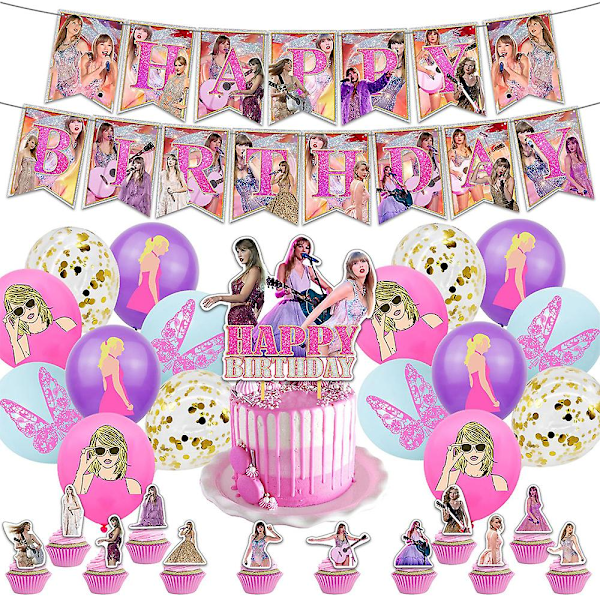 Taylor Swift-tema Rosa Barnas Bursdagsfest Dekorasjonssett Banner Ballonger Kake Cupcake Toppers Sett (FMY)