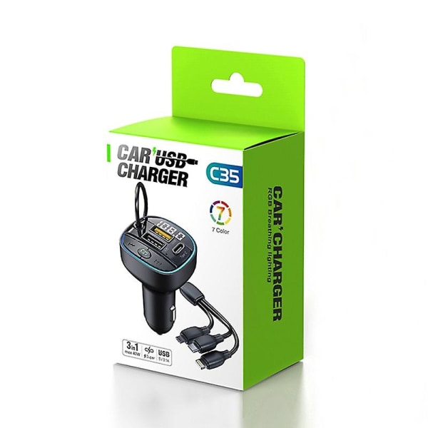 3-i-1-laddningslina Bluetooth 5.0 Fm-sändare Billaddare USB Type C 3.1a Snabbladdning Handsfree Bluetooth Car Kit (FMY)