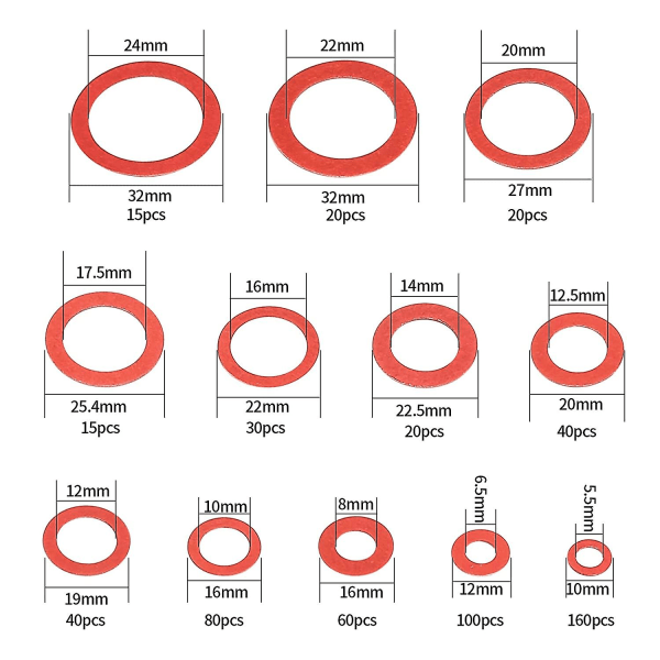 600 stk. Fiber Washer Assorteret Kit 12 Størrelser Rød Stål Papir Fiber Flad Vaskesæt Flad Ring Tætning Assorteret Kit  (FMY) red