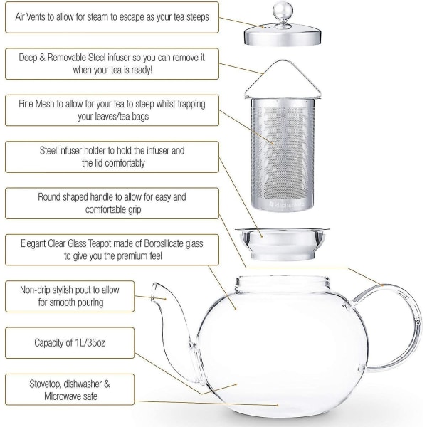 Glasstekanne med avtakbart lokk og infuser i rustfritt stål, 33 unser (FMY)