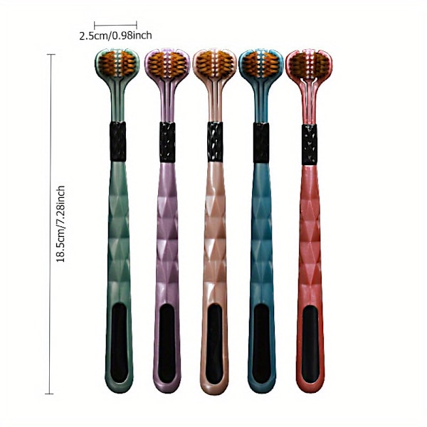 5-pakkauksen pehmeäharjainen hammasharja kolmella sivulla syväpuhdistukseen hampaille ja ikenille, kieliraapimella, polypropeeniharjakset, aikuisille 18+ (FMY) 5 pcs toothbrush