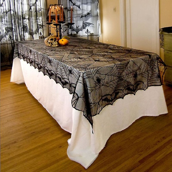 Halloween Black Spider Web Tablecloth Horror Bat Cobweb Lace Rectangular Table Cover Home Room Scary Movie Nights Party Decoration  (FMY)