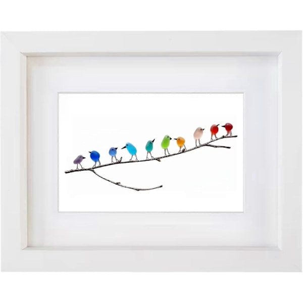 Havglas Regnbue Fugle, Havglaskunst, Havglas & drivtømmer Billede, Regnbue Fugl Vægdekoration, Perfekt Gave Til Jul Fødselsdag Halloween (FMY) White Frame 10 Birds