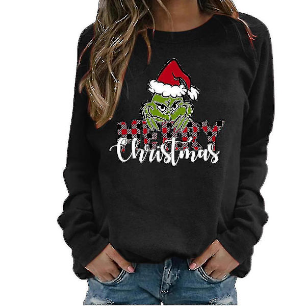 Naisten Joulu Grinch-Painatus Pitkähihainen Paita Pyöreäkaulainen Rento Pusero Yläosa Lahja (FMY) Black XL