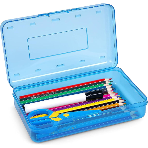 Case i plast med lock, snäppstängning, organizer för skolmaterial med stor kapacitet för barn - blå (FMY)