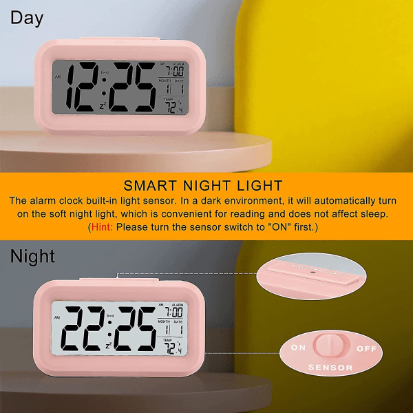 Digitaler Wecker, Batteriebetriebene Kleine Tischuhren, Mit Datum, Indentemperatur - Pink