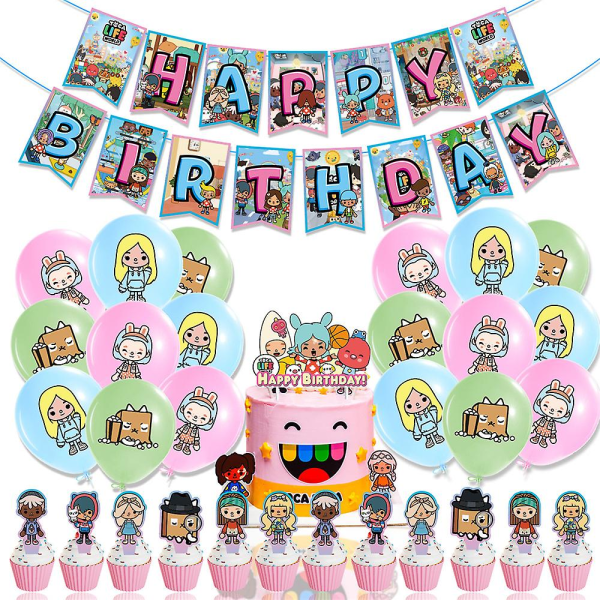 Toca Life -teema Hyvää syntymäpäivää Juhlakoristelubanneri Ilmapallo Cake/Cupcake Toppers Kit (FMY)