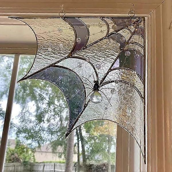 Hämähäkinseitit Stained Glass Ikkuna Seinäkoriste, Hämähäkinseitit Ovikoriste, Ovikoriste Seinäkoriste Halloween Pelottava Hämähäkinseitit Ovi Kulmamerkki (FMY) E