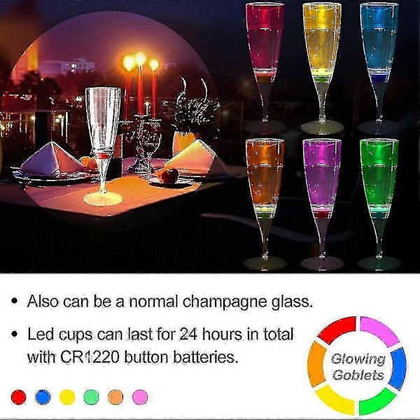 6 stk. LED Vin Champagne Fløjte Glas Vand Væske Aktiveret Blinkende Lys-Op Kopper (FMY)