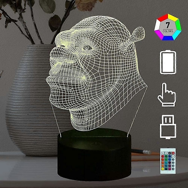 SBSG Shrek 3D LED Nattlys Tegneserie Den Grønne Monster Filmfigur USB Berøring Fjernkontroll 16 Farger 4 Moduser Optisk Illusjon Sengelampe (FMY)