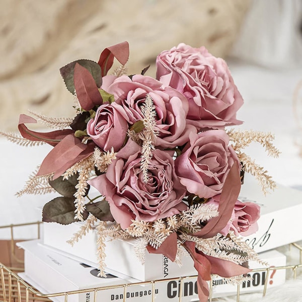 1 bundt kunstig rose forskønnende romantiske gaver Kunstig bryllupsbuket i kunstig silkeblomst til haven (FMY)