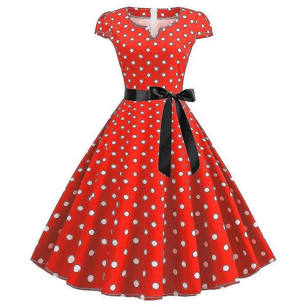 Dame Polka Dot Hepburn Retro 50s 60s Rockabilly Evening Party Swing Midi Dress (FMY) Red M