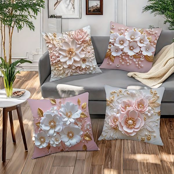4 stk. Levende Blomster Accent Puder - 3D Printet Rosa & Hvide Blomster, Blødt Kunstigt Stof, 45x45 cm Dekorative Puder til Stue (FMY) 4pcs