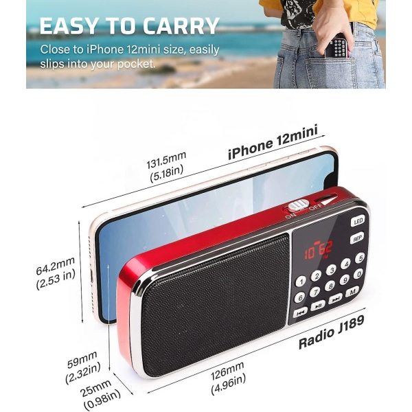 Pieni radio Bluetooth, kannettava radio raskaalla bassokaiuttimella, digitaalinen radio ladattavalla akulla, LED taskulamppu