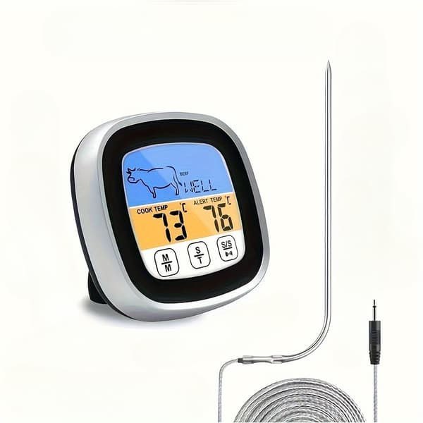HOTU Kötttermometer, Digital Grillkötttermometer, Stor Pekskärm Grillmatstermometer med Klocktimer, Termometer med Sond (FMY) Black