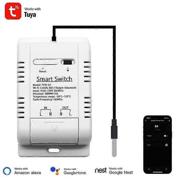 Wifi Lämpötilakytkin 16a Tuya Rf433 Älykäs Termostaatti Ds18b20 Lämpötila-anturi Vedenpitävä Reaaliaikainen Monitori (FMY)