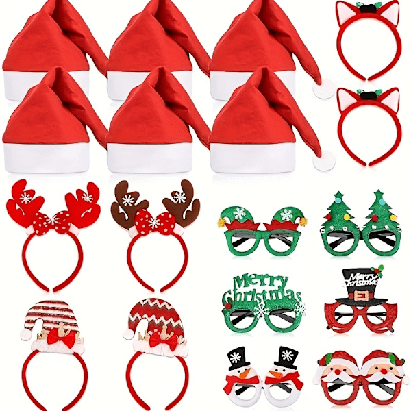 18-delt Ultimate Julefestpakke - Fargerike Festlige Hodebånd, Julehatter, Nyhet Brillerammer og Mer - Slitesterkt Plastmateriale, (FMY) 18pcs