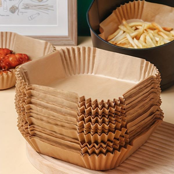 50-pack Non-Stick Bakpapper för Airfryer - Enstaka Ark, Miljövänliga, Mikrovågsugnssäkra, Lätt att Rengöra för Bakning, Rostning, Kommersiellt Användning (FMY) Yellow