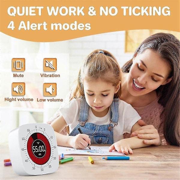Visuell Timer for Barn, Digital Timer med 60-minutters Nedtelling, Stille Timer for Skrivebordsklokke (FMY) White