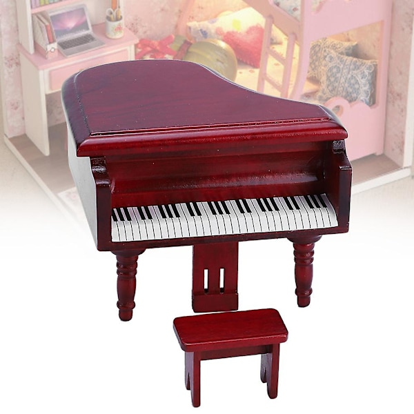 1:12 Nukenukkekotivaruste - Miniatyyri Rose Wood -suuri piano jakkaralla (FMY)