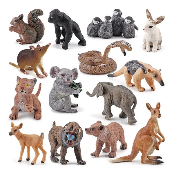Miniature Wildlife Animal Model Pvc Figuuri Elefantti/koala/tiikeri Realistinen patsas Toimistopöytä Sisustus Koulutuslelu 14 kpl (FMY)