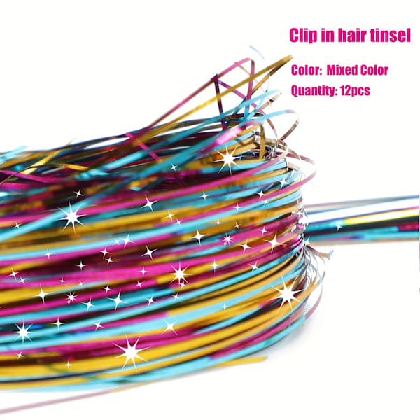 12 stk. Glimrende Hår Tinsel Klipp-Inn Extensions - Glitrende Hårtilbehør for Kvinner - 19,6 tommer Lang, Syntetisk, Varmebestandig, Glitter Str (FMY) Rainbow 20inch
