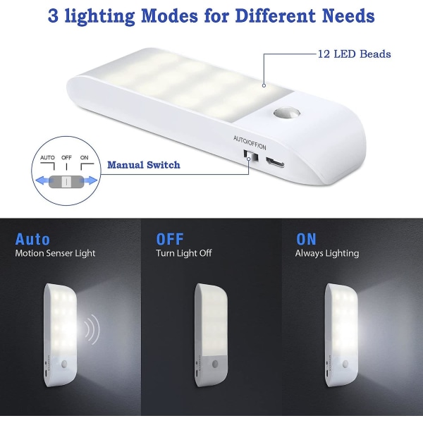 Automatiskt LED-nattljus, USB uppladdningsbar rörelsesensor nattljus, På/auto/av, Naturligt vitt skåpljus, Magnetisk, För Vardagsrum, Sovrum,
