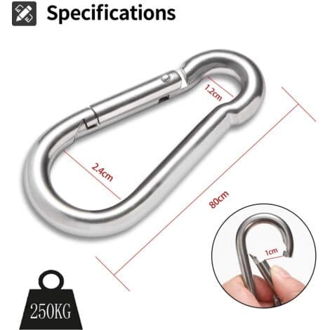 Förpackning med 12 nyckelringskarbinhakar - Diameter 8 mm - Maximal belastning 250 kg - Galvaniserade klätterkrokar (Φ8 x 80 mm)（FMY）