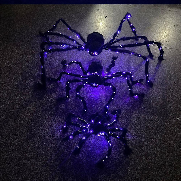 Halloween-jättimäinen hämähäkkikoriste, suuri keinotekoinen karvainen hämähäkki violeteilla LED-valoilla, pelottava karvainen hämähäkkitarvike ulkona pihalle, pelottava sisustus (FMY) 90cm