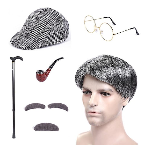 Cosplay Pappa Peruukki Parta Halloween Keski-ikäinen Ja Vanhus Hopea Musta Peruukki Lava Pukeutumisperuukki (FMY) Grandpa's five-piece set b