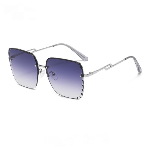 Kantløse firkantede solbriller Dame med stor innfatning Metallsolskjerm Solbriller UV-beskyttelse Solbriller---sølv innfatning Dobbel Grå Blå (FMY)