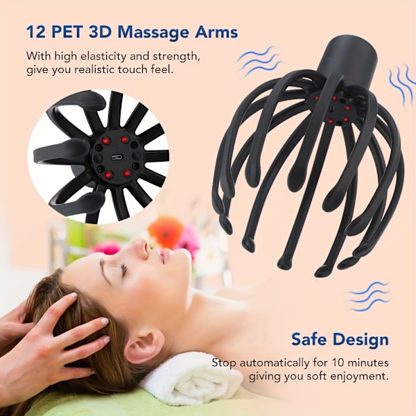 Avslappnings Oas - Elektrisk Huvudmassagerare & Bläckfisk-Kliar för Ultimate Stressavlastning - Djup Spänningslindring, Revitaliserande Trötthetsbehandling (FMY) Black